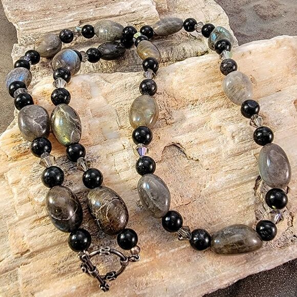 Labradorite Onyx Bicone Crystal Bead Strand Necklace - Picture 1 of 4